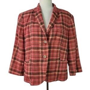 Talbots Coral Tan Brown Plaid Madras Lined Jacket Blazer 14 Petite